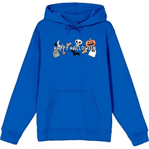 Kids Halloween Cartoon Icons Adult Blue Long Sleeve Hoodie-Large