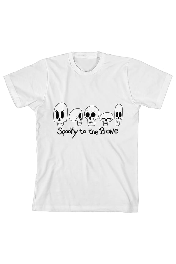 Kids Halloween Cartoon Skeletons Spooky To The Bone Youth White Short Sleeve Crew Neck Tee-Large