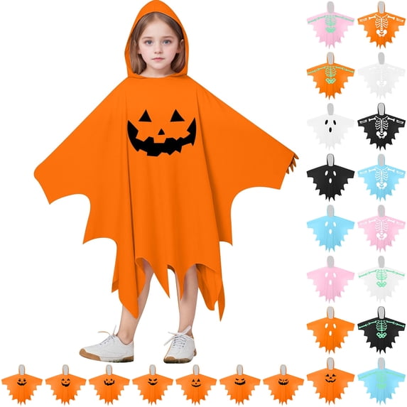 Kids Halloween Unisex Pumpkin Hooded Cape Halloween Party Outfit for Boys 4-12 Years
