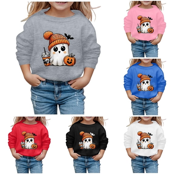 Kids Halloween Cute Print Crewneck Sweatshirt, Fashion Long Sleeve Pullover Top, Spooky Graphic Shirt for Toddler Children Fall Wear
