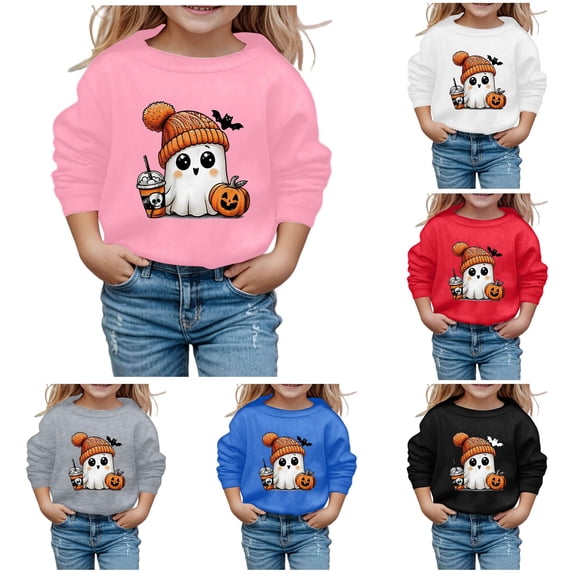 Kids Halloween Cute Print Crewneck Sweatshirt, Fashion Long Sleeve Pullover Top, Spooky Graphic Shirt for Toddler Children Fall Wear