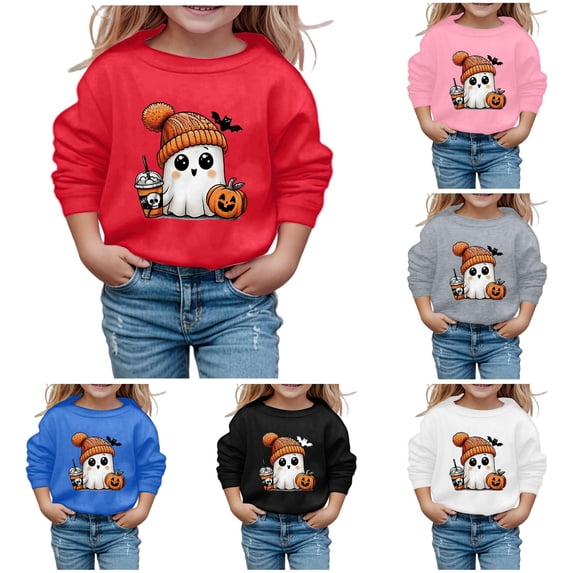 Kids Halloween Cute Print Crewneck Sweatshirt, Fashion Long Sleeve Pullover Top, Spooky Graphic Shirt for Toddler Children Fall Wear