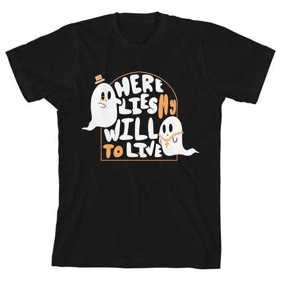 Kids Halloween Dapper Ghost With Gangster Ghost Here Lies My Will To Live Youth Black Short Sleeve Crew Neck Tee-Medium