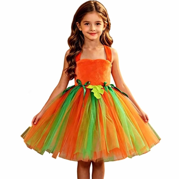 Kids Halloween Dresss, Girls Halloween Pumpkin Puff Sleeve Dress Set With Headband for Party Performance Kids Tutu Fancy, Halloween Gifts
