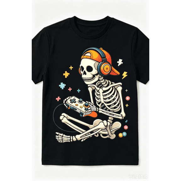 Kids Halloween Gamer Skeleton Short Sleeve T-Shirt, Boys Funny Gaming Trick or Treat Graphic Tee, 180gsm, 100% Cotton