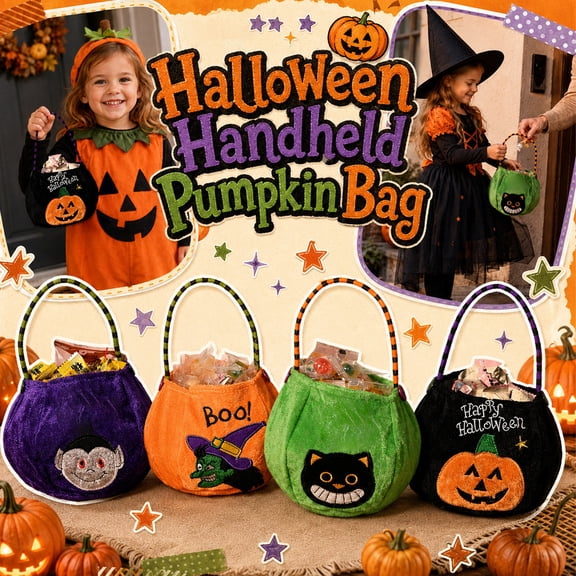 Kids Halloween Goodie Container, Halloween Candy Bucket, Treat Bag, Bucket Bag, 9X5 in Durable Orange Fabric Pumpkin Shaped Tote for Storing Small Halloween Toys, Snacks and Party