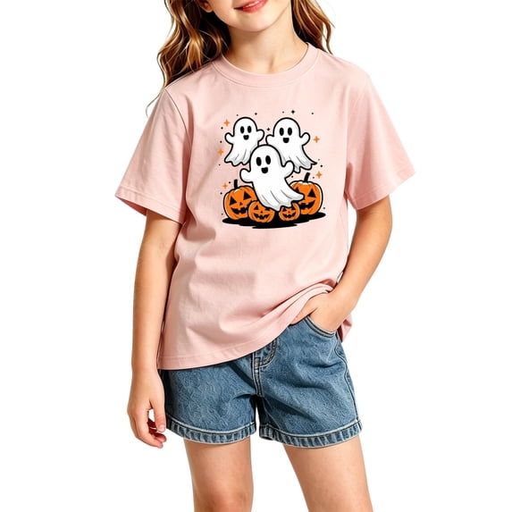 Kids Halloween Graphic Tee, Crew Neck Short Sleeve T-Shirt, Cute Summer Casual Top for Boys and Girls