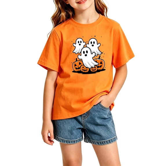 Kids Halloween Graphic Tee, Crew Neck Short Sleeve T-Shirt, Cute Summer Casual Top for Boys and Girls