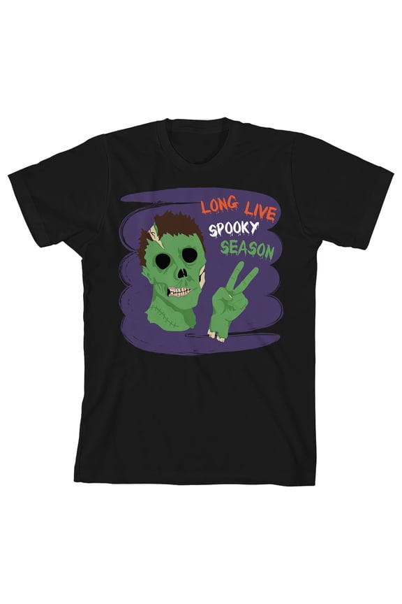 Kids Halloween Green Zombie Long Live Spooky Season Youth Black Short Sleeve Crew Neck Tee-Medium