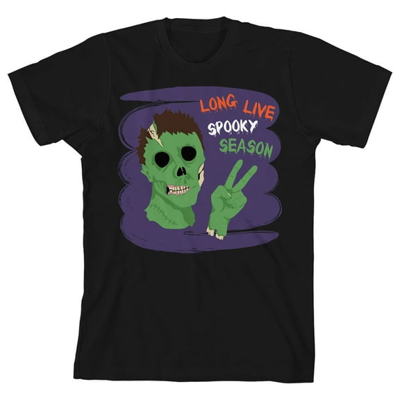 Kids Halloween Green Zombie Long Live Spooky Season Youth Black Short Sleeve Crew Neck Tee-XS