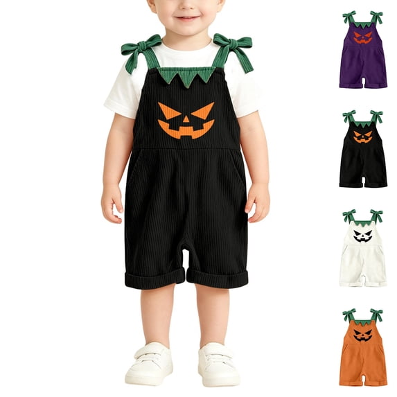 Kids Halloween Outfit Sleeveless Overalls Jumpsuit Adjustable Strap Shorts Pumpkin Kids Halloween Outfit Size 1-7 Years