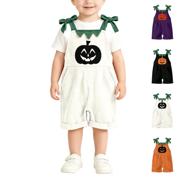 Kids Halloween Outfit Sleeveless Overalls Jumpsuit Adjustable Strap Shorts Pumpkin Kids Halloween Outfit Size 1-7 Years