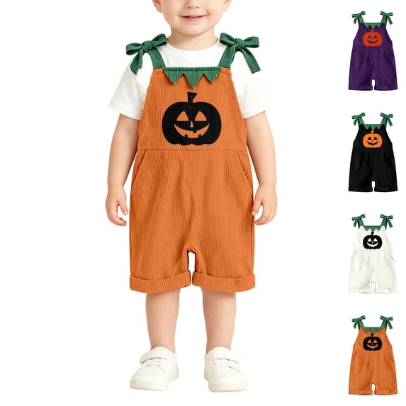 Kids Halloween Outfit Sleeveless Overalls Jumpsuit Adjustable Strap Shorts Pumpkin Kids Halloween Outfit Size 1-7 Years