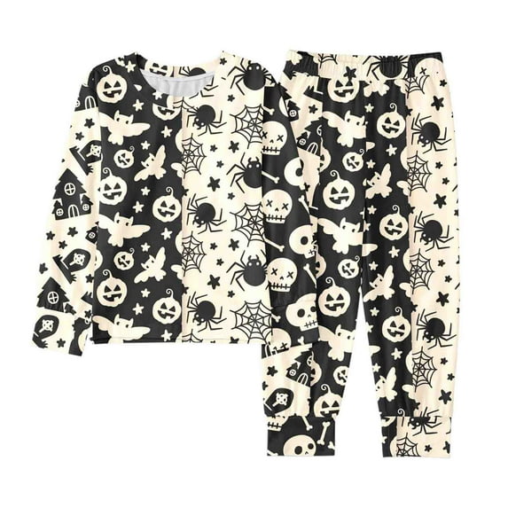 Kids Halloween Pajamas Set Pumpkin Ghost Bat Print Girls Pajamas Set Long Sleeve Crewneck Soft Comfort Top Shirts Pants Set Kids Clothes for Girls 7-8 Years