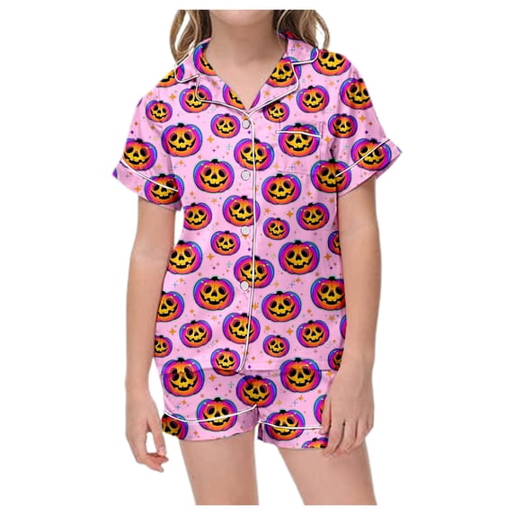 Kids Halloween Pajamas Size 5-6 Years Childrens Halloween Sleepwear Short Sleeve Top and Shorts Comfort Girls Pajama Set Pink