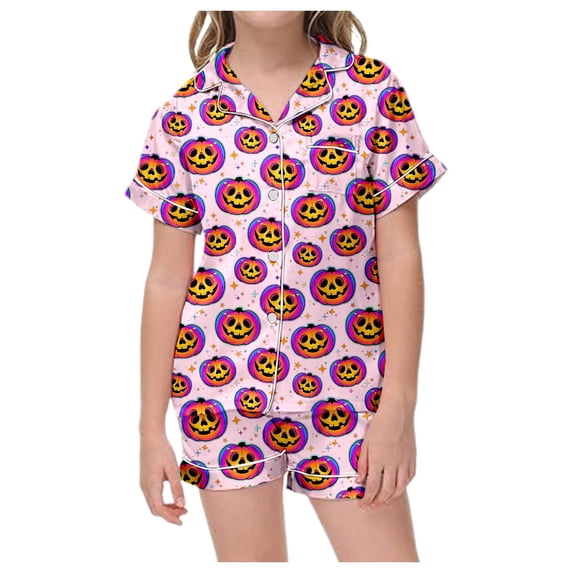 Kids Halloween Pajamas Size 9-10 Years Childrens Halloween Sleepwear Short Sleeve Top and Shorts Comfort Boys Pjs Light Pink
