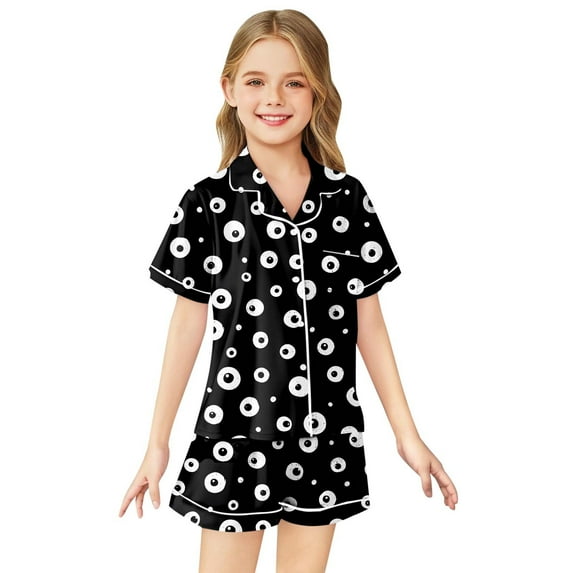Kids Halloween Pajamas Toddler Pumpkin Ghost Bat Print Girls Silk Pajamas Short Sleeve Button-Down Shirts Shorts Set Kids 10-11 Years Girl Pajamas