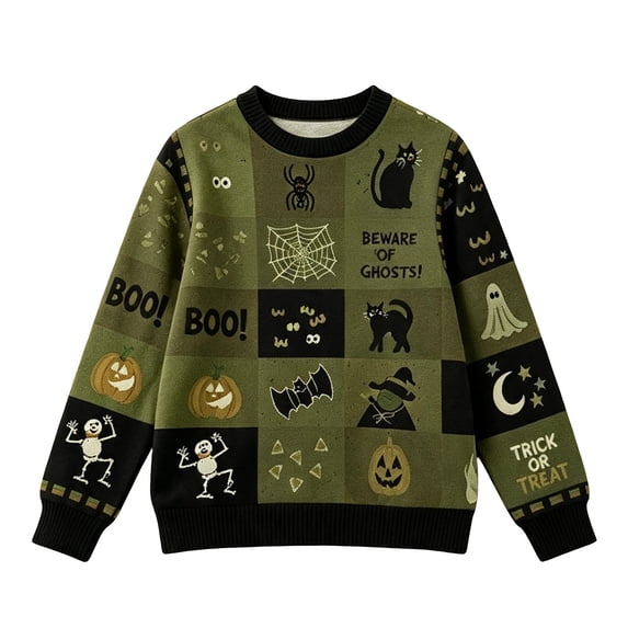 Kids Halloween Patterned Knit Sweater Relaxed Fit Skeleton Ghost Pumpkin Graphic Pullover Top Winter Holiday Party Outfit