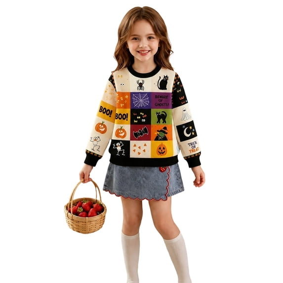 Kids Halloween Patterned Knit Sweater Relaxed Fit Skeleton Ghost Pumpkin Graphic Pullover Top Winter Holiday Party Outfit
