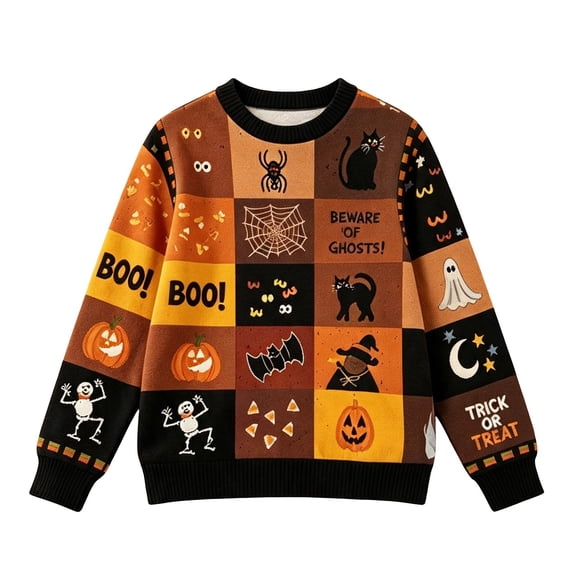Kids Halloween Patterned Knit Sweater Relaxed Fit Skeleton Ghost Pumpkin Graphic Pullover Top Winter Holiday Party Outfit