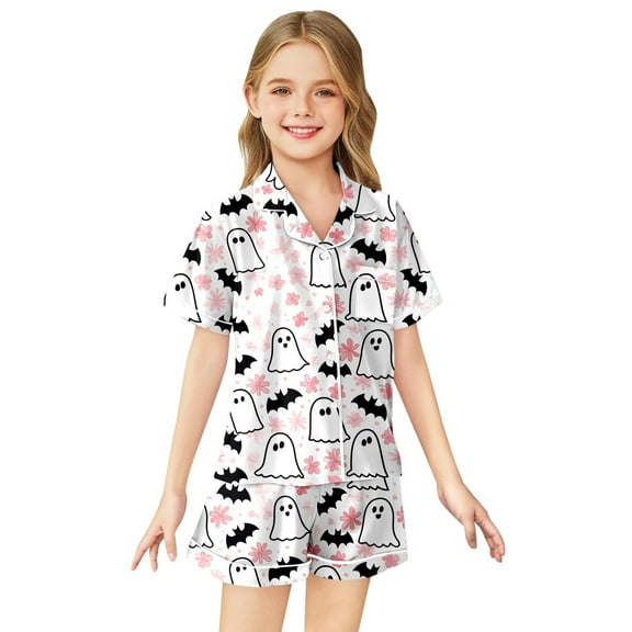 Kids Halloween Pjs Set Pumpkin Ghost Bat Print Satin Pajamas for Girls Short Sleeve Button-Down Shirts Shorts Set Kids Size Girls Pajamas 4T