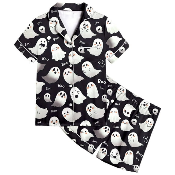 Kids Halloween Pjs Set Pumpkin Ghost Bat Print Satin Pjs Short Sleeve Button Down Sleepwear with Shorts Set Kids 8-9 Years Boys Clothes