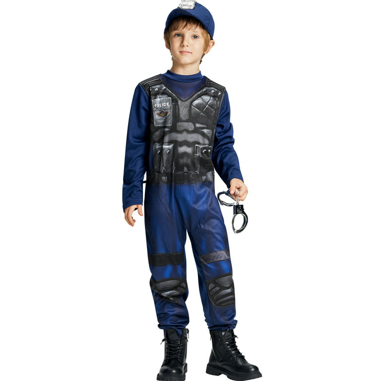 Kids Halloween Policeman Costume, Jumpsuit Handcuffs Hat 3pcs Outfit, Boys  Girls Career Policewoman Suit for Unisex Children Dress Up Party Dark Blue  7-8 Years 