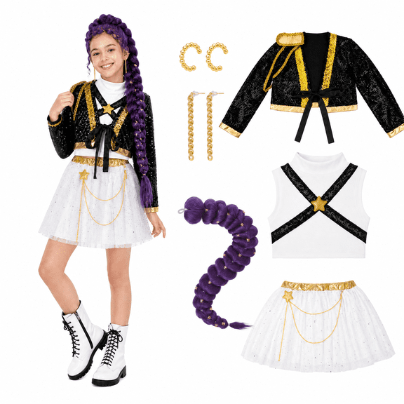 Kids Halloween Pop Star Cosplay Costume, Popular Singer Group Outfit with Jacket, Skirt, Wig & Earrings for Halloween Costume Party, Ages 4-14