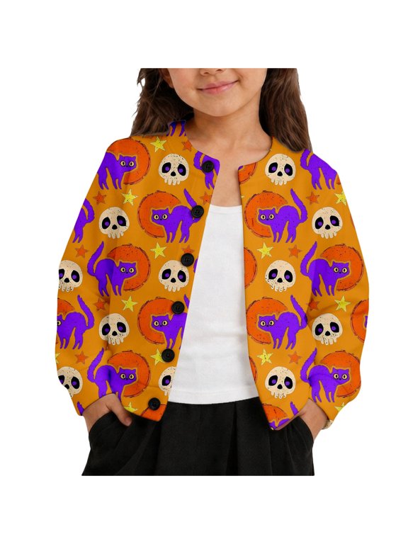 Kids Halloween Print Button Down Cardigan, Boys Girls Long Sleeve Funny Pattern Jacket, Casual Crew Neck Outerwear for Fall Winter Halloween Party Daily Loungewear(Orange7,8 Years)