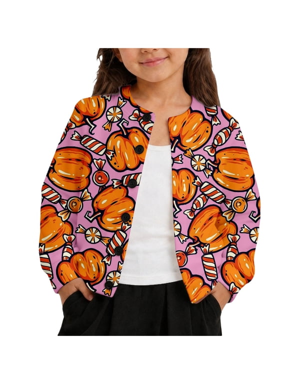 Kids Halloween Print Button Down Cardigan, Boys Girls Long Sleeve Funny Pattern Jacket, Casual Crew Neck Outerwear for Fall Winter Halloween Party Daily Loungewear(Pink6,12-18 Mouths)