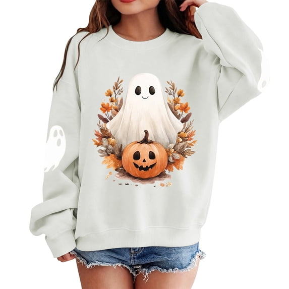 Kids Halloween Print Long Sleeve Crewneck Sweatshirt with Ribbed for Fall Festival 1-14 Years