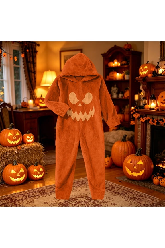 Kids Halloween Pumpkin Onesie Sleepwear, Soft Fleece Hooded Full Body Jumpsuit, Cute Jack-O-Lantern Print Kids Cosplay PJs