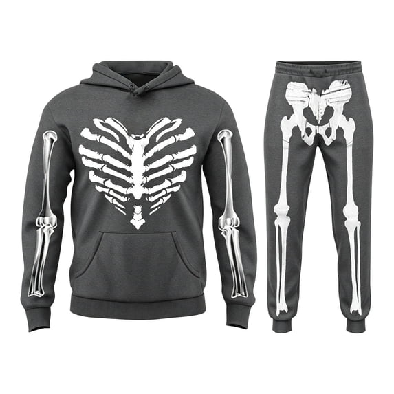 Kids Halloween Skeleton 2 Piece Outfit Sets Skull Bone Print Hooded Sweatshirt Elastic Waist Jogger Pants Tracksuit For Boys Girls Soft Clothes Sets
