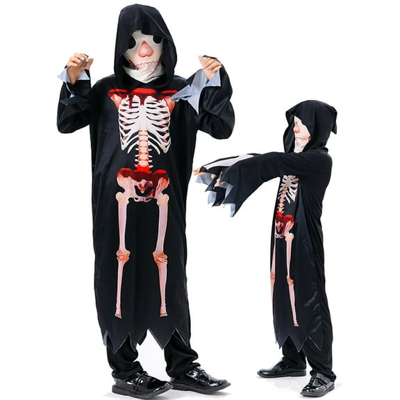 Kids Halloween Skeleton Costume, Bones Printed Jumpsuit with Hood Outfit for Boys Girls Dress Up Party 5-14 Years