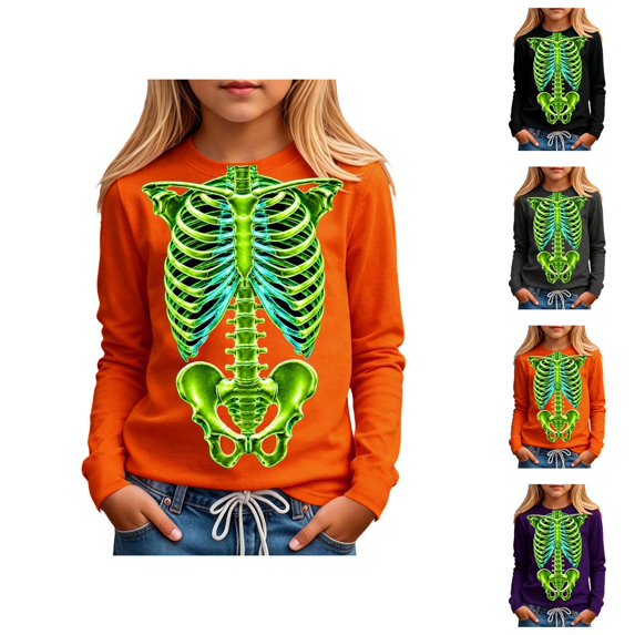 Kids Halloween Skeleton Print Long Sleeve Top Crewneck Casual T-shirt for Children Ages 3-14 Years