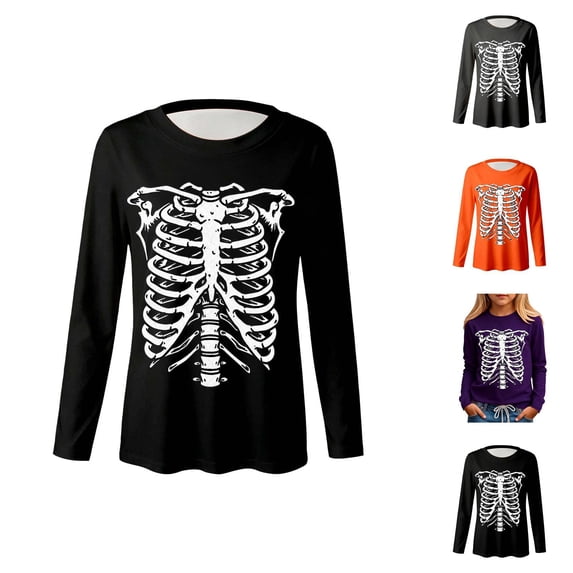 Kids Halloween Skeleton Print Long Sleeve Top Crewneck Casual T-shirt for Children Ages 3-14 Years
