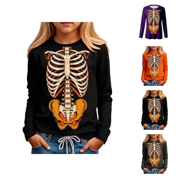 Kids Halloween Skeleton Print Long Sleeve Top Crewneck Casual T-shirt for Children Ages 3-14 Years