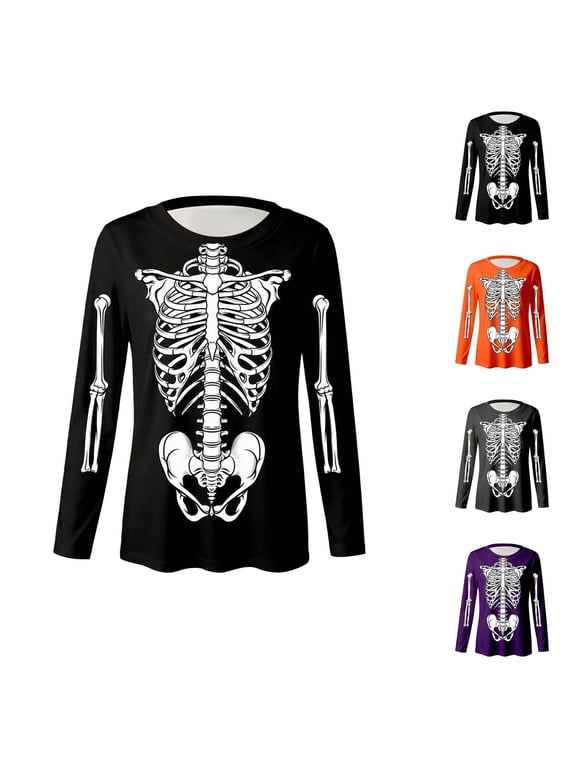 Kids Halloween Skeleton Print Long Sleeve Top Crewneck Casual T-shirt for Children Ages 3-14 Years