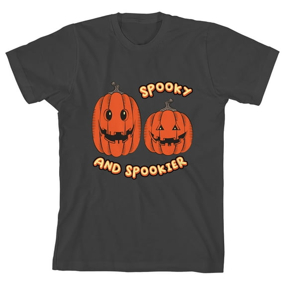 Kids Halloween Two Jack O Lanterns Spooky & Spookier Youth Charcoal Short Sleeve Crew Neck Tee-XL