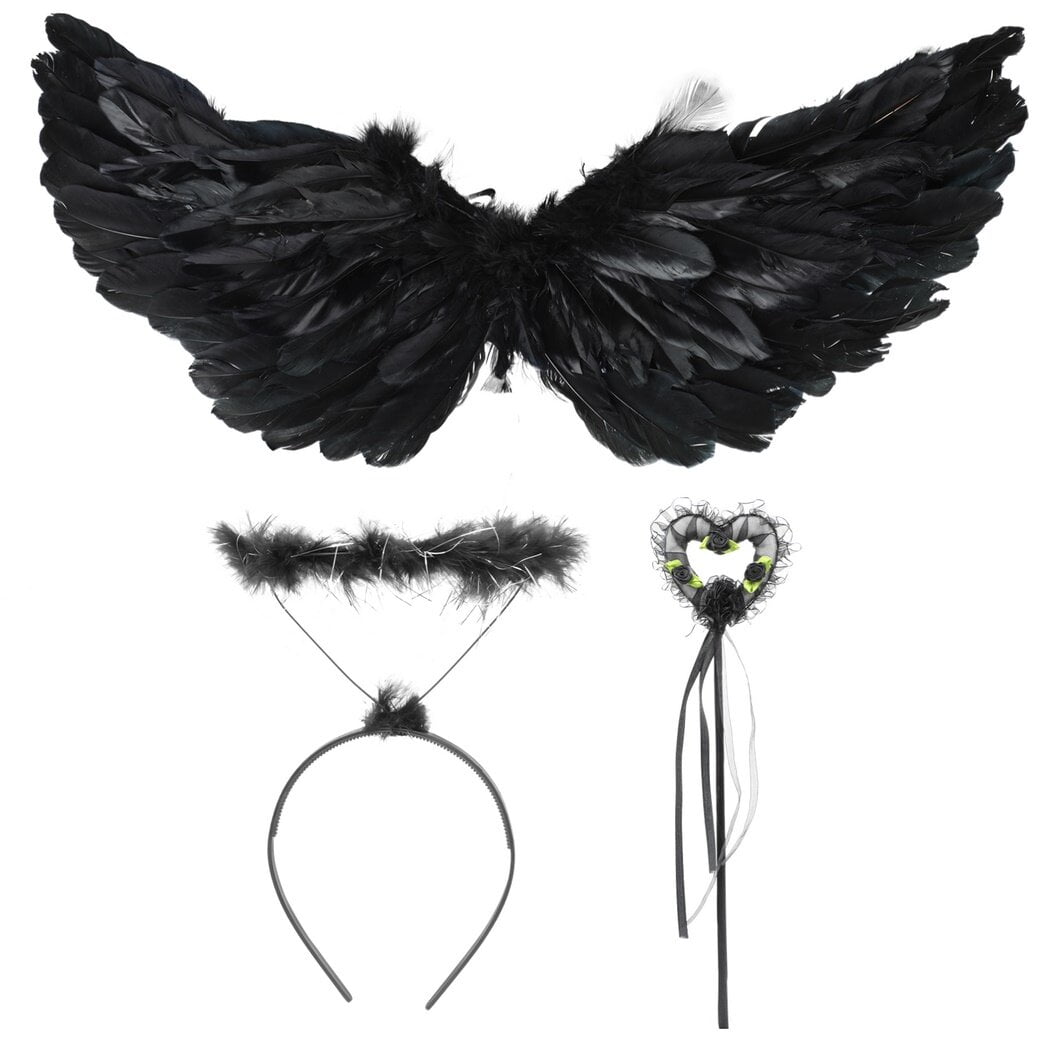 Kids Halloween Wings, Black Angel Wings Costume, Angel Wings and Halo Costume for Children, Halloween Halo Angel Set Cosplay Costume for Girls with Feather Wings, Headband, Fairy Wand