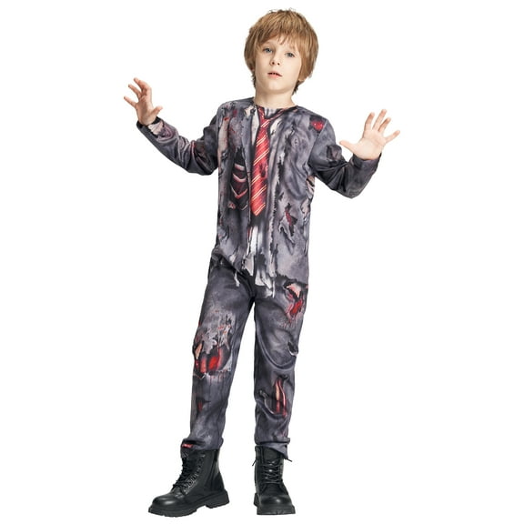 Kids Halloween Zombie Costume, Creepy Corpse Jumpsuit Outfit, Boys Girls Tie Uniform Wound Bloody Ragged Printed Suit Children Dress Up Party Gray 4-6 Years