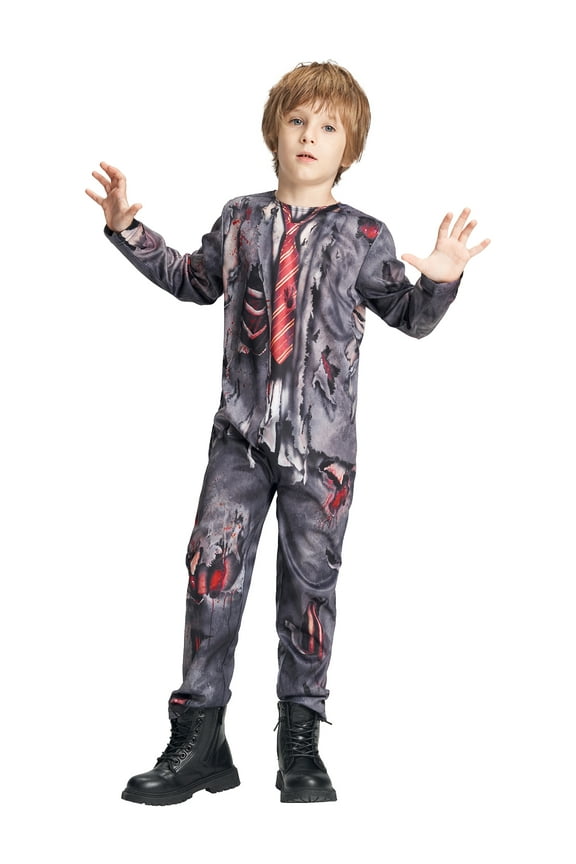 Kids Halloween Zombie Costume, Creepy Corpse Jumpsuit Outfit, Boys Girls Tie Uniform Wound Bloody Ragged Printed Suit Children Dress Up Party Gray 4-6 Years