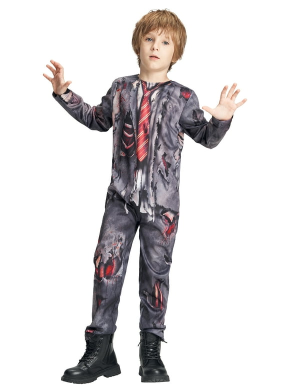 Kids Halloween Zombie Costume, Creepy Corpse Jumpsuit Outfit, Boys Girls Tie Uniform Wound Bloody Ragged Printed Suit Children Dress Up Party Gray 3-4 Years