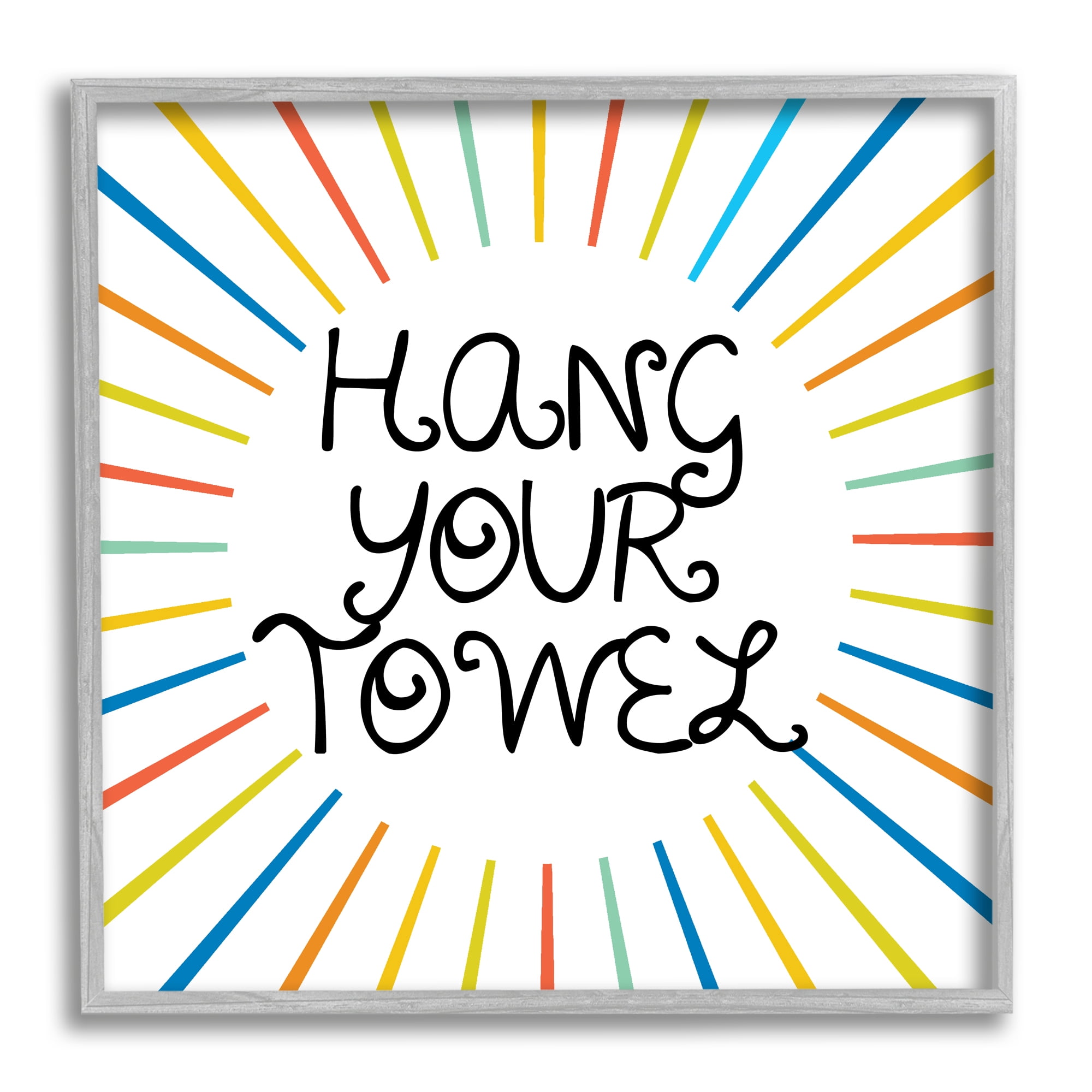 Kids' Hang Your Towel Bathroom Rules Rainbow Stripes Typography Framed Art Print Wall Art, 17x17