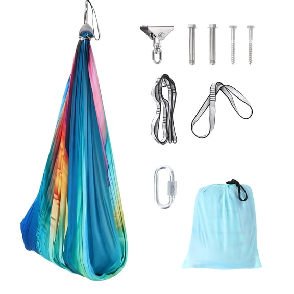 Kids Hanging Pod Swing Chair, Color Gradient Rainbow Fabric Hammock Swing Seat with Hardware Kits, Indoor Outdoor Portable Sensory Swing for Kids Bedroom, Playroom, Backyard & Patio