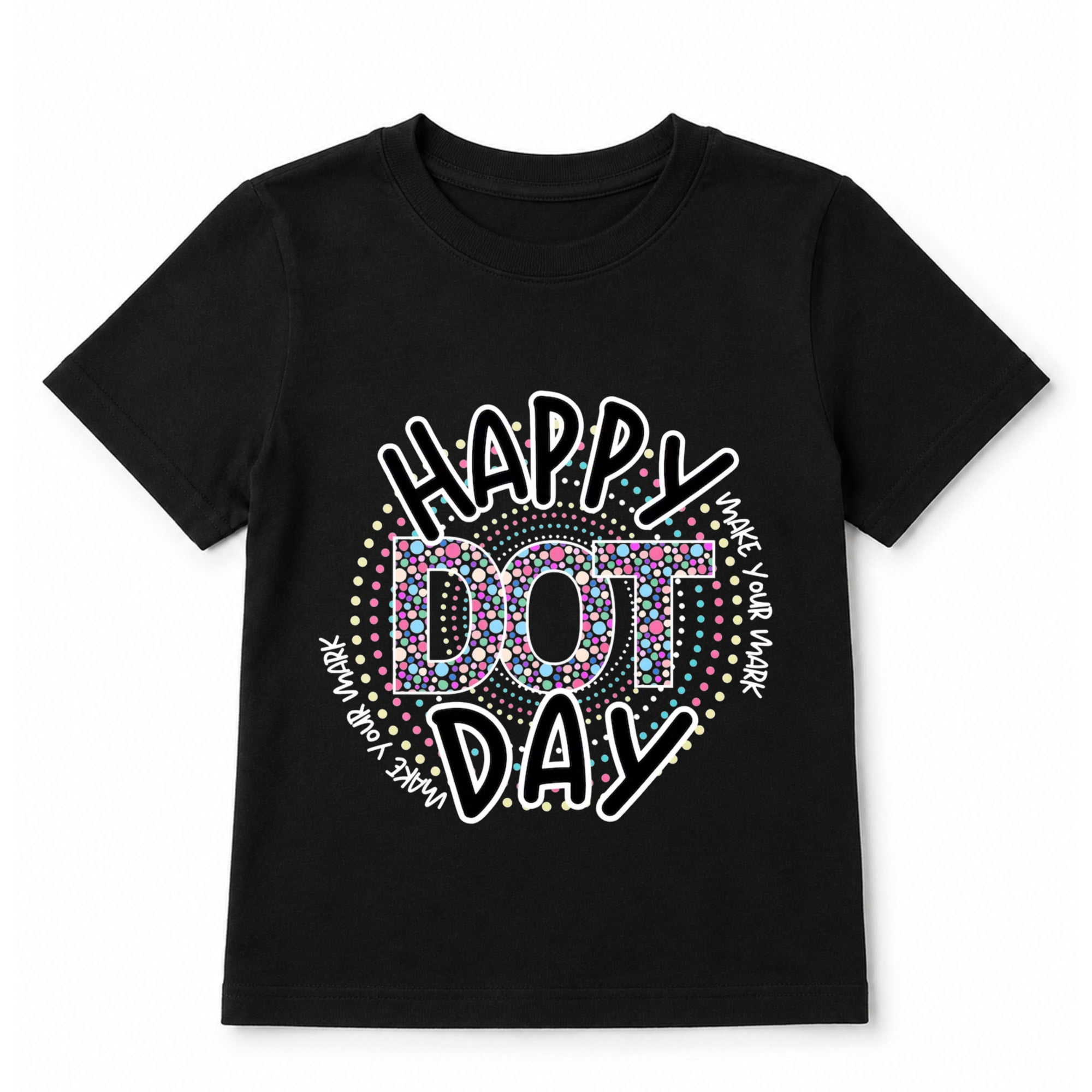 Printer Rambow Kids' Happy Dot Day Graphic T-Shirt, Rainbow Dots Letter Print Short ...
