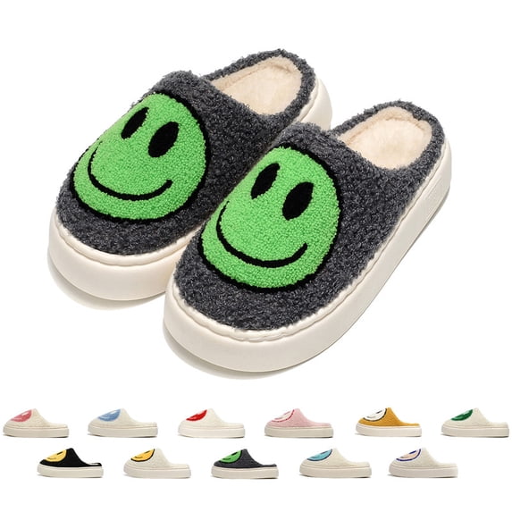 Kids Happy Face Fuzzy Plush Slippers, Non‑Slip Thick Platform Winter Cute Warm House Slippers, Slip‑On Indoor Bedroom Home Shoes for Boys Girls