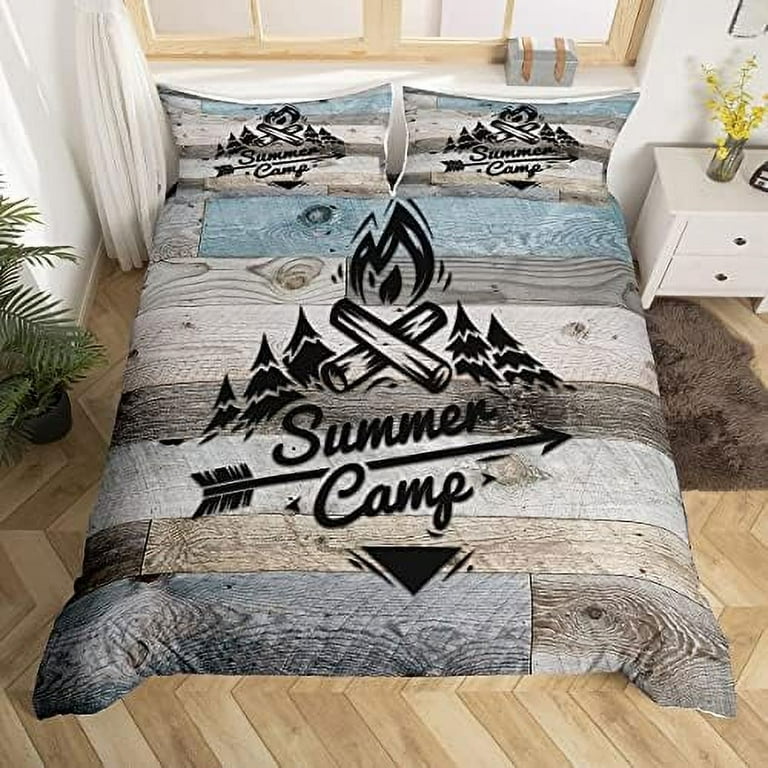Kids Happy Travel Camping Comforter Cover Full Rustic Cabin Camper