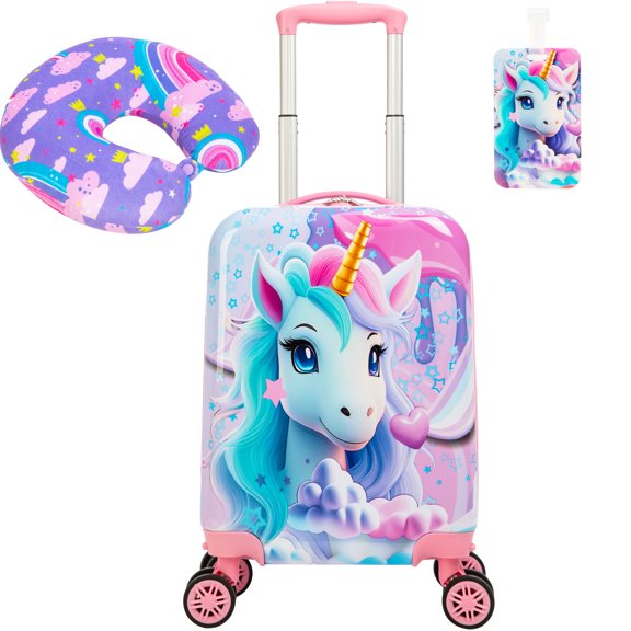 Kids Rolling Luggage Sets Cute Carry on Suitcases for Girls with Wheels Airline Approved 16 Inch Suitcase with Travel Pillow Bear
