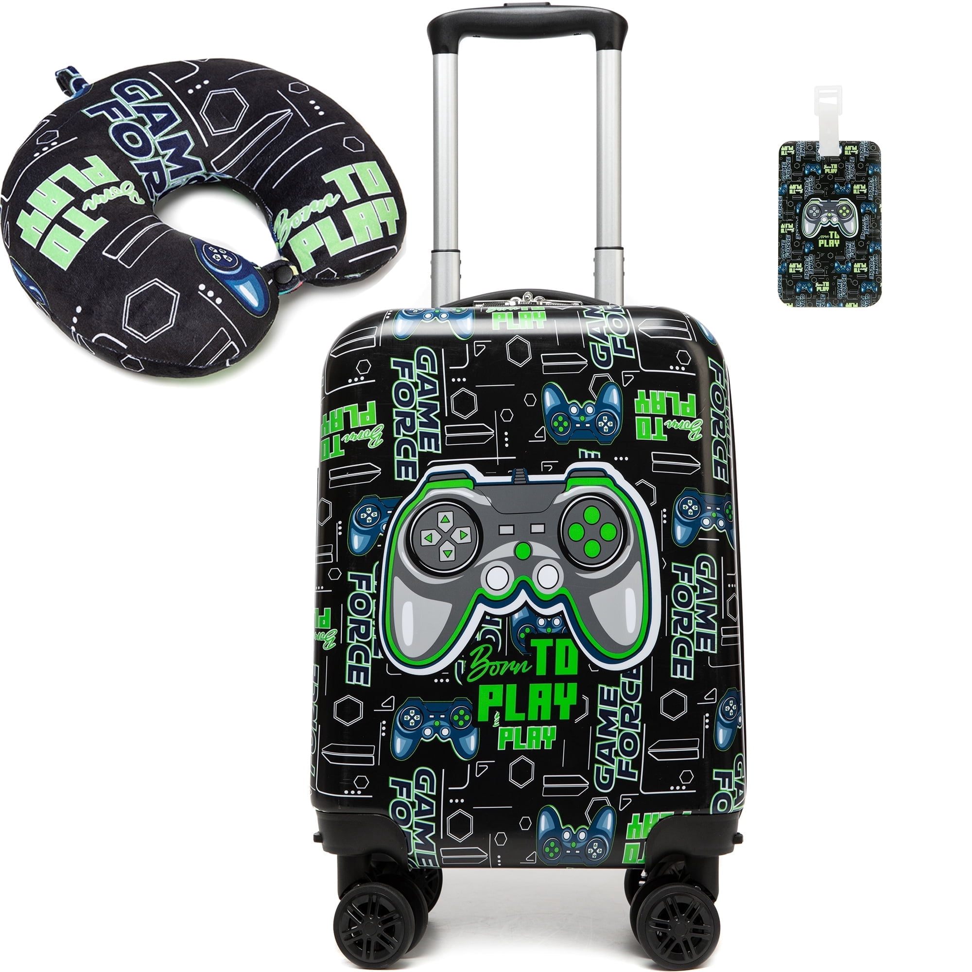 Kids Hardshell Luggage Sets with Travel Pillow Small Carry on Suitcases with Wheels for Boys Travel Essentials Airline Approved 16 Inch Black